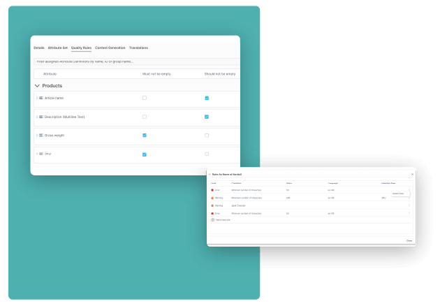 Screenshot des ATAMYA Product Cloud Datenqualitätsmanagements - DQM-Einstellung der Produkte